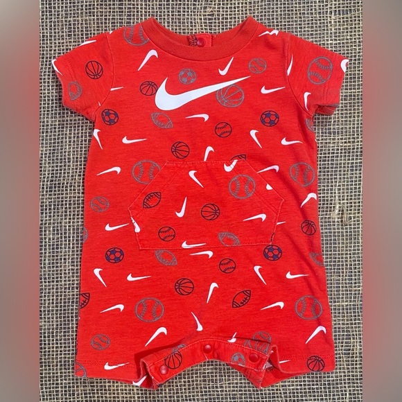 Nike Other - Nike Baby Red Romper w/Nike Swooshes & Sports Balls, Size 3 Months